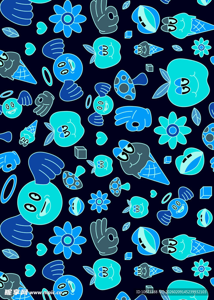 蓝色卡通元素无缝图案
