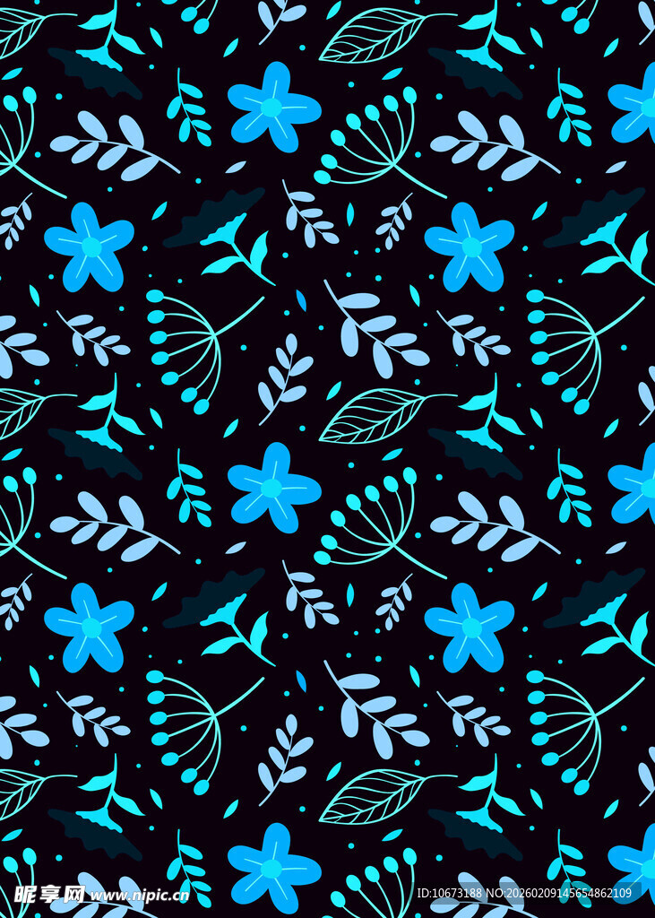 蓝色花卉植物无缝图案