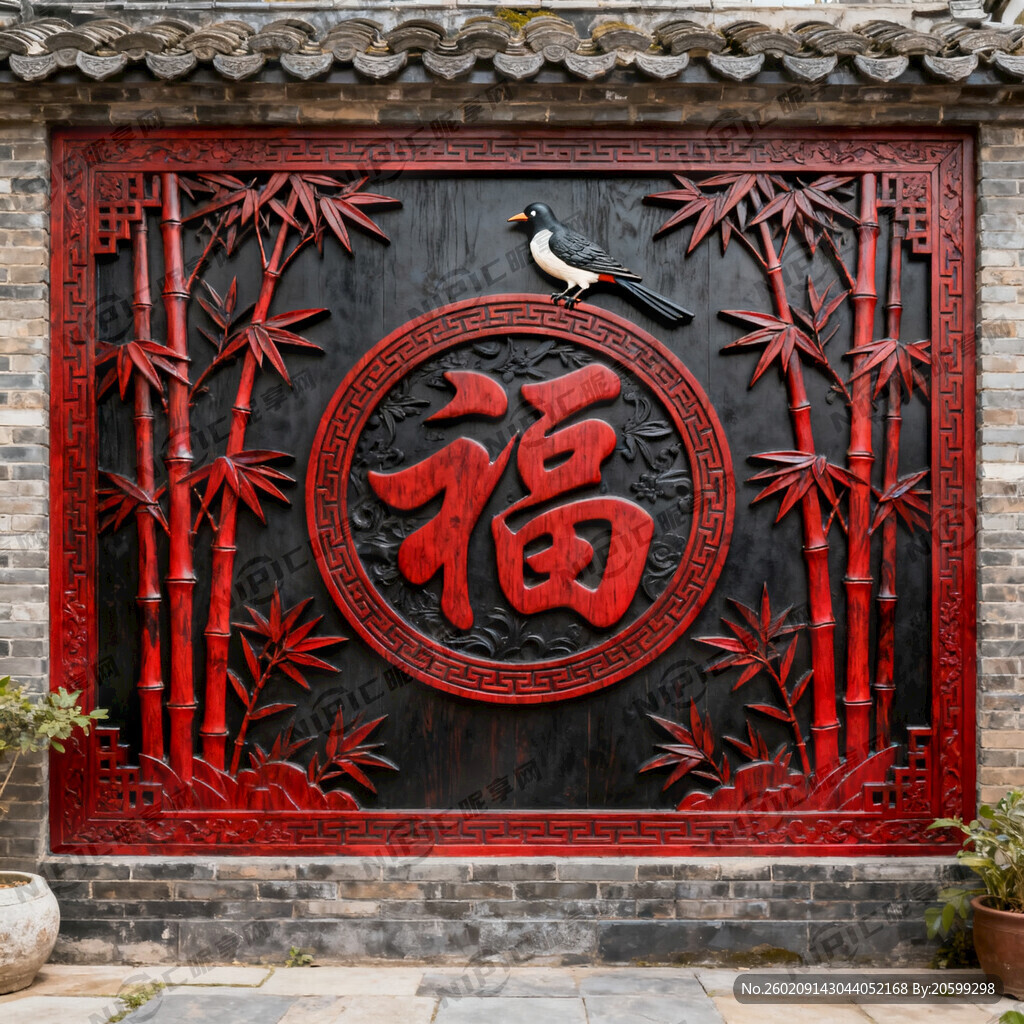 带“福”字、竹子、喜鹊的影背墙