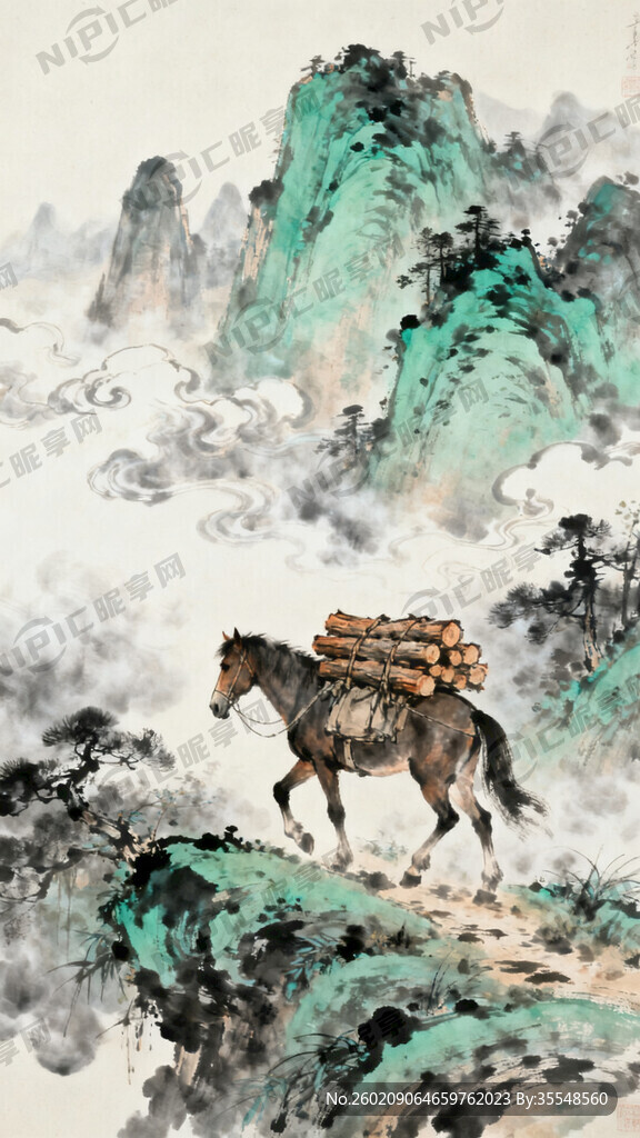 马上驮着木材 中国风 中国画