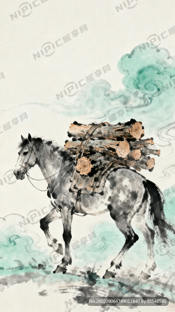 马上驮着木材 中国画 高清