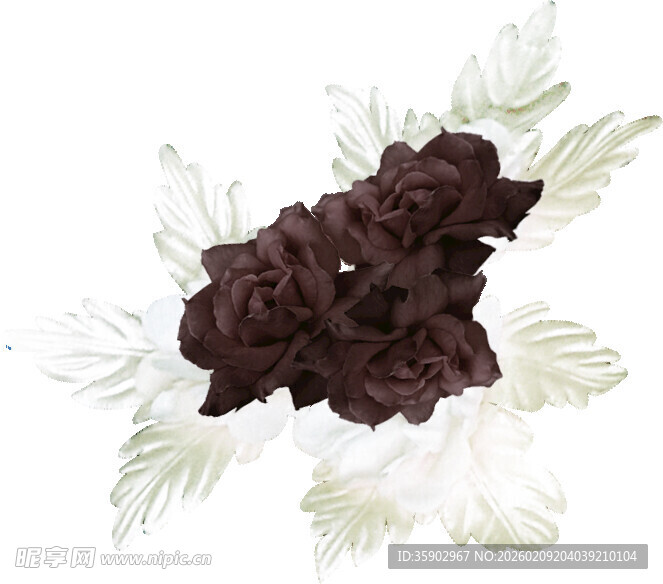 深棕花朵配白色叶片装饰