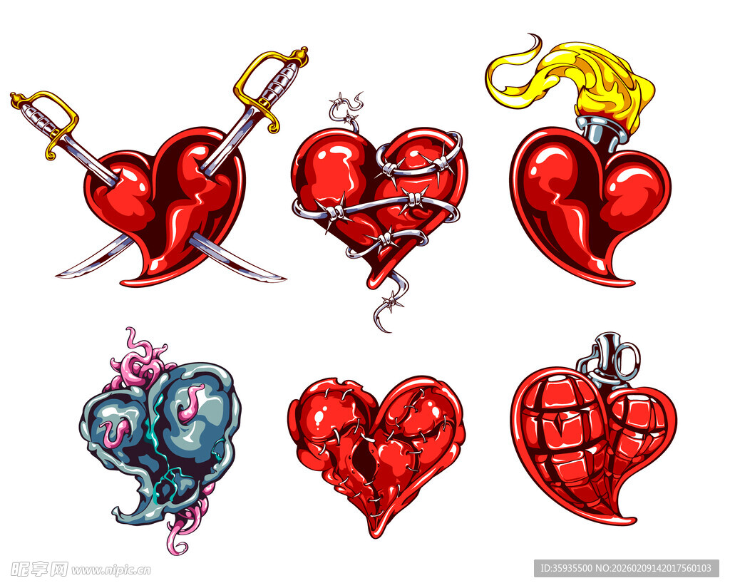 多彩爱心纹身图案设计