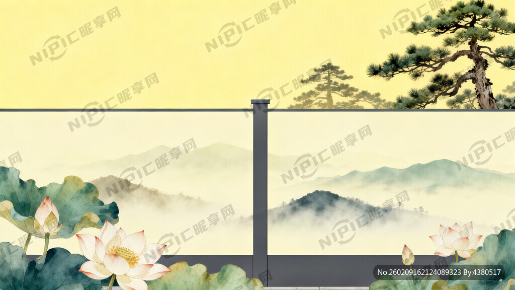 生成一张包含荷花山岚松树的背景