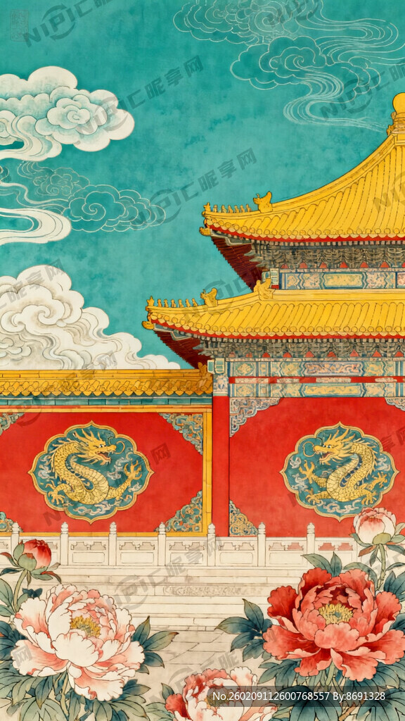 中国风元素背景插画 工笔画风