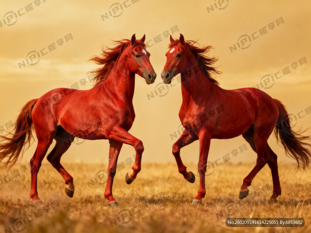 生成2匹分开的红色扬蹄骏马