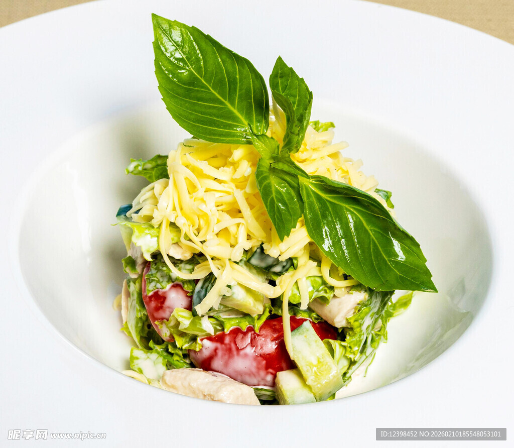 美味蔬菜沙拉配芝士与罗勒