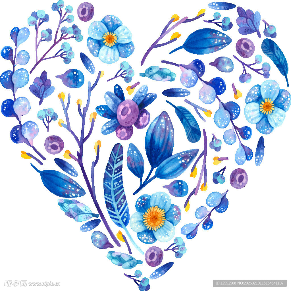 蓝紫色花卉心形水彩图案