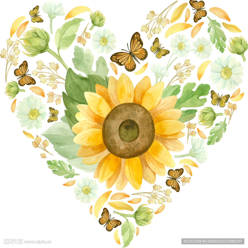 心形向日葵花卉蝴蝶图案