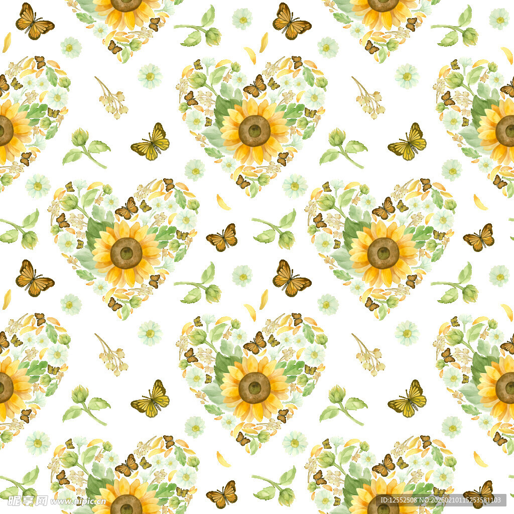 向日葵蝴蝶花卉无缝图案