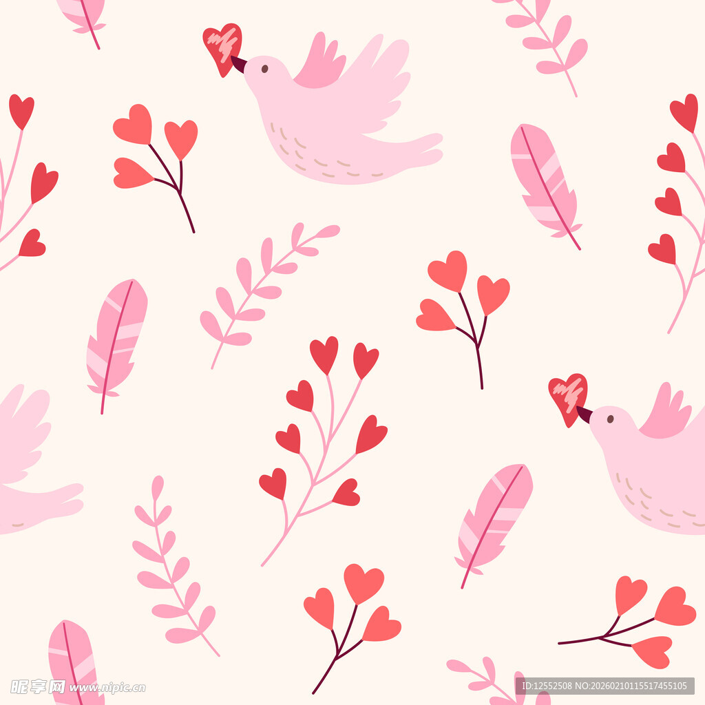 粉色小鸟花卉浪漫图案
