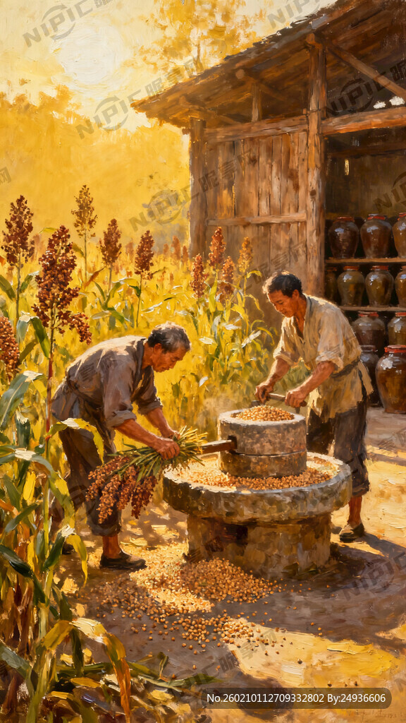 生成一个高粱地酿酒的油画图
