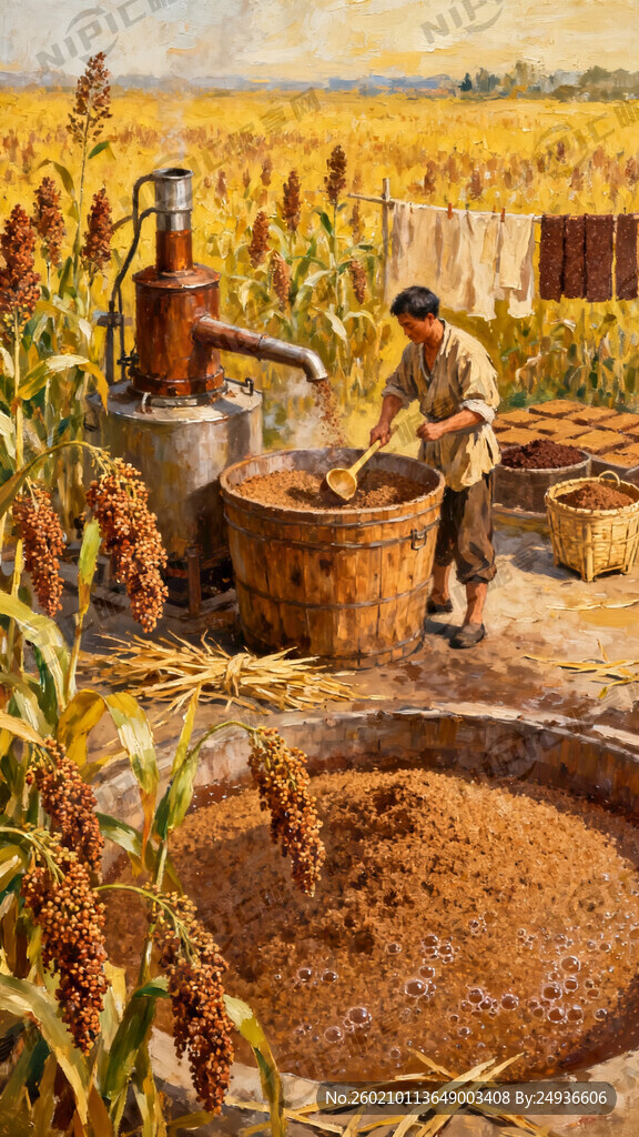 高粱地里面高粱酒酿酒场景油画图