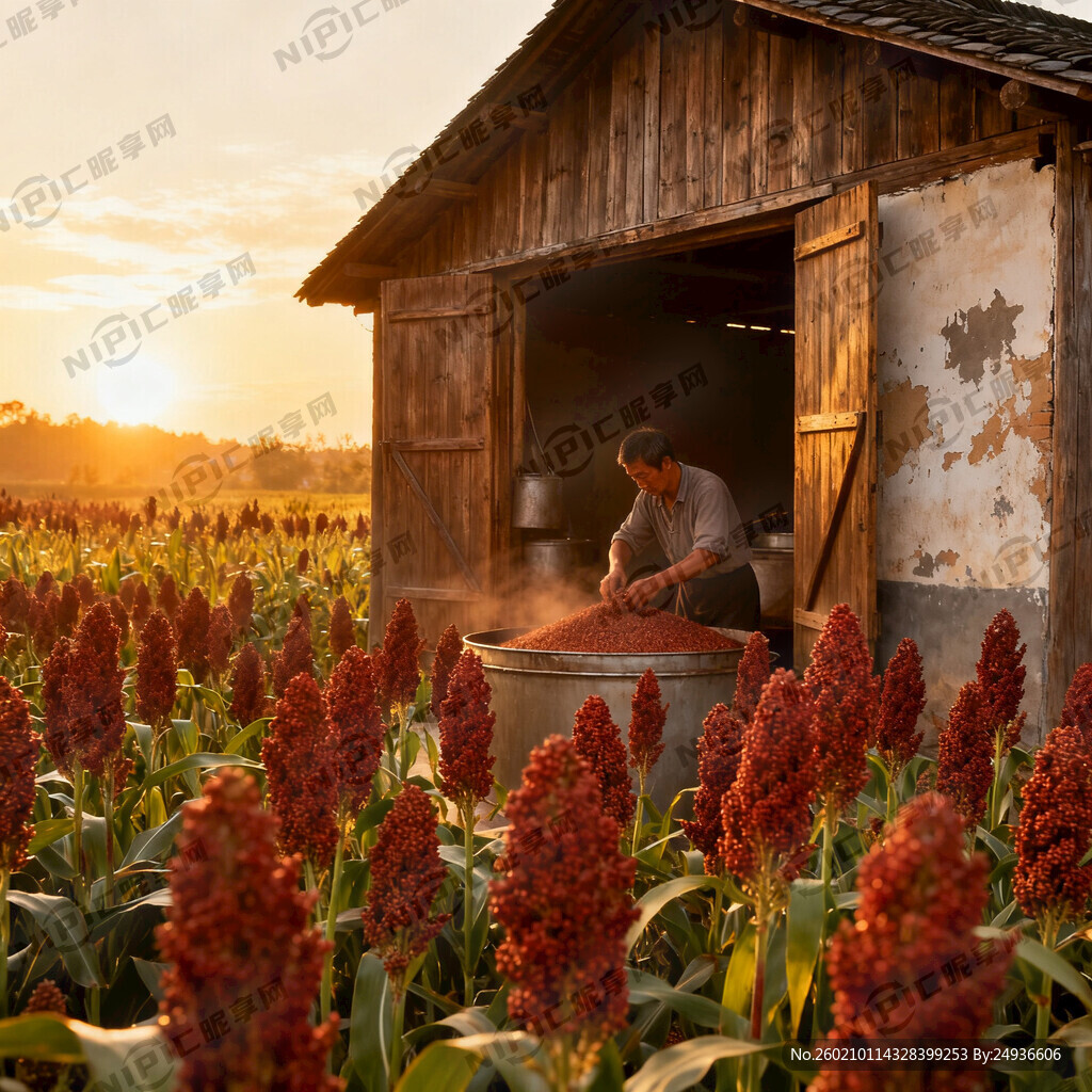 远处夕阳下 有人在用古法酿酒