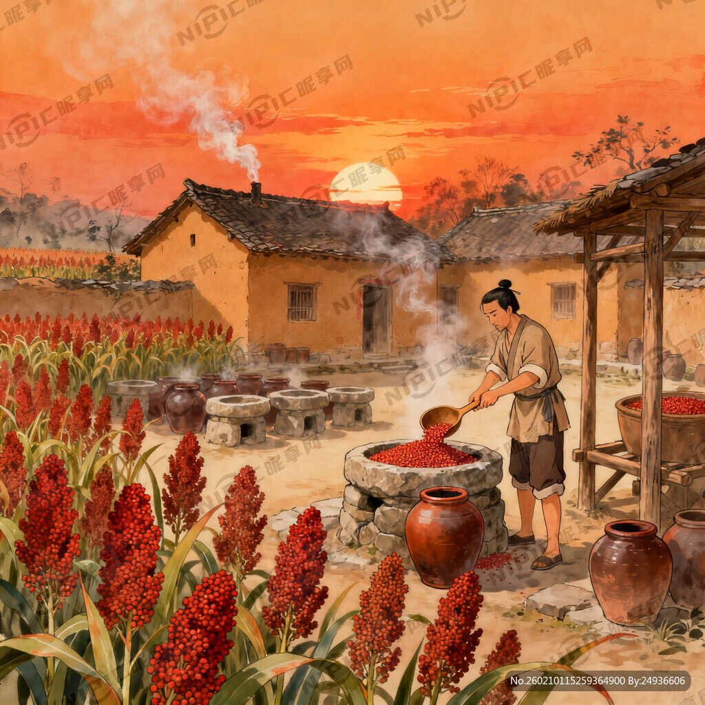 夕阳  红高粱  古法酿酒  