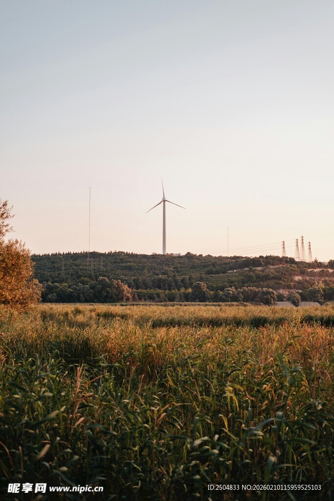田野风光中的风力发电机