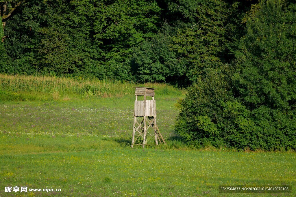 野外草地中的木质瞭望台
