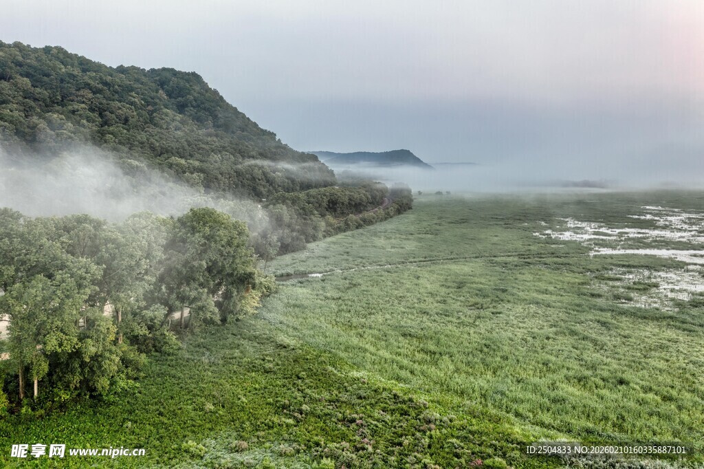 海岸绿野间的晨雾美景