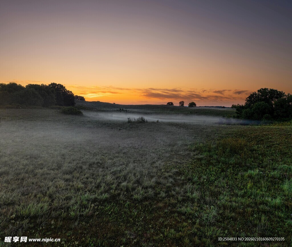 晨雾中的田野日出美景