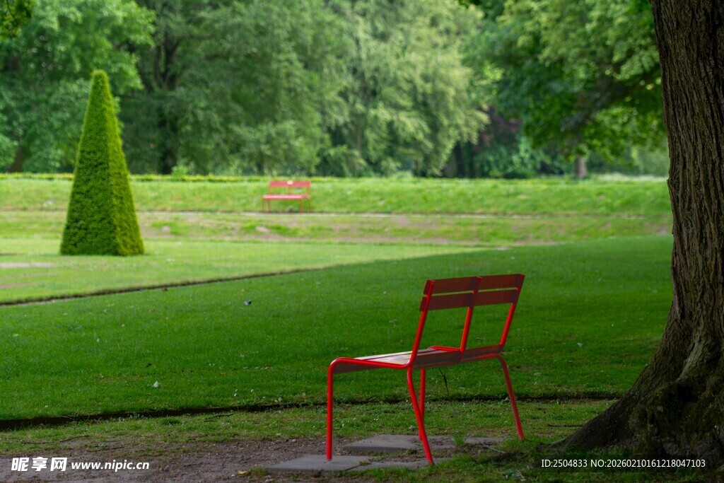 草坪上的红色座椅