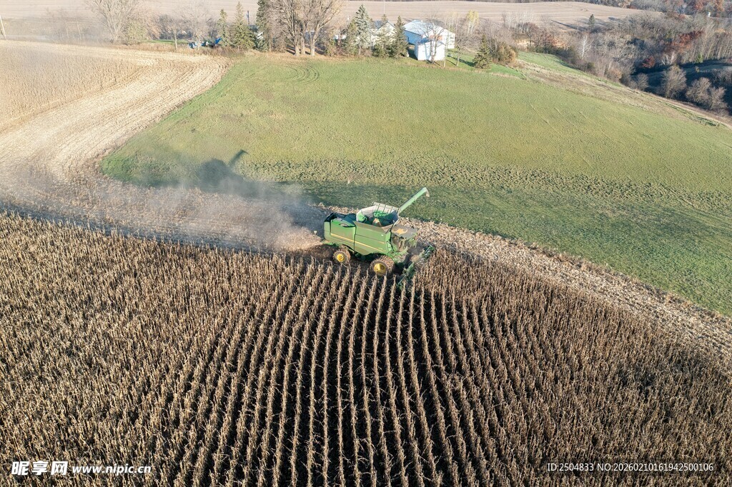农田中作业的绿色 割机