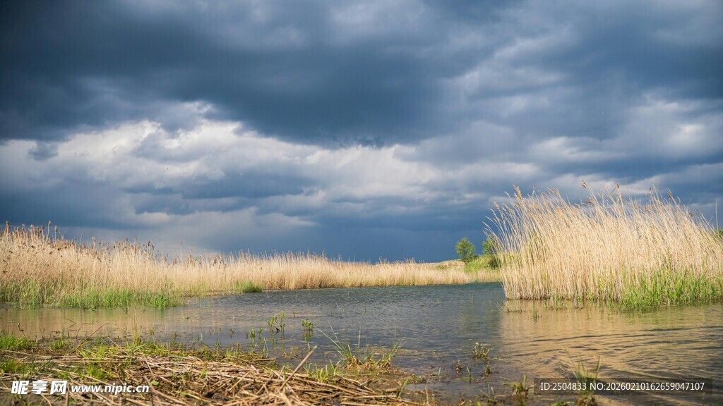 湖畔阴云下的自然景致