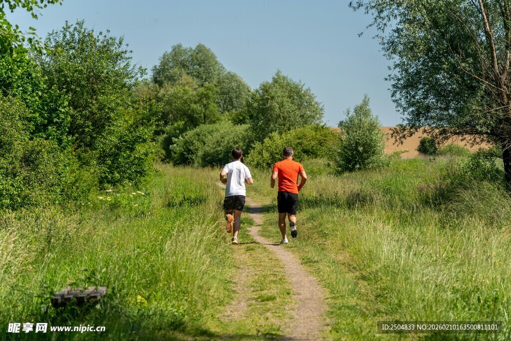 两人漫步于绿意小径
