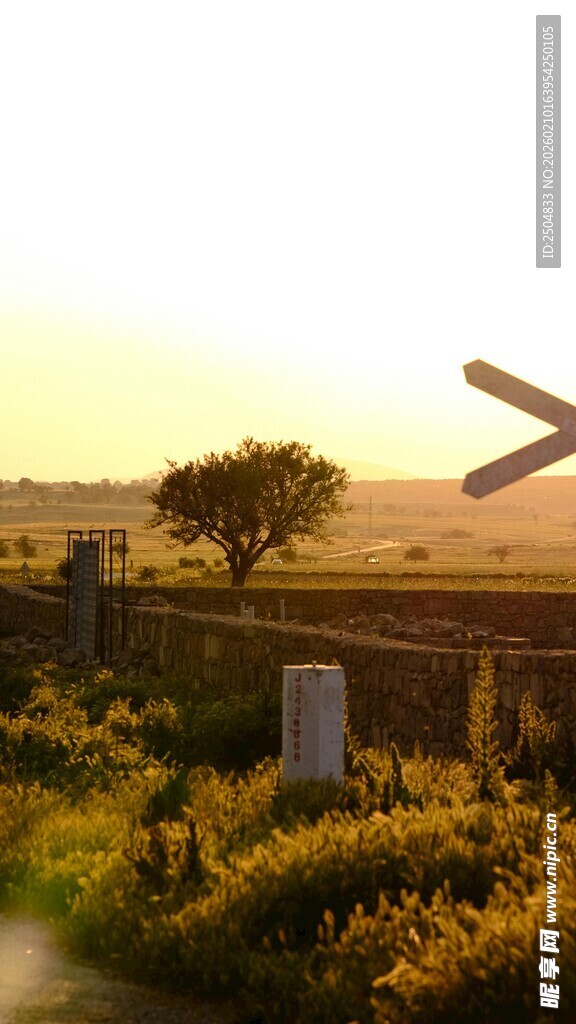 夕阳下的田野与古老围栏