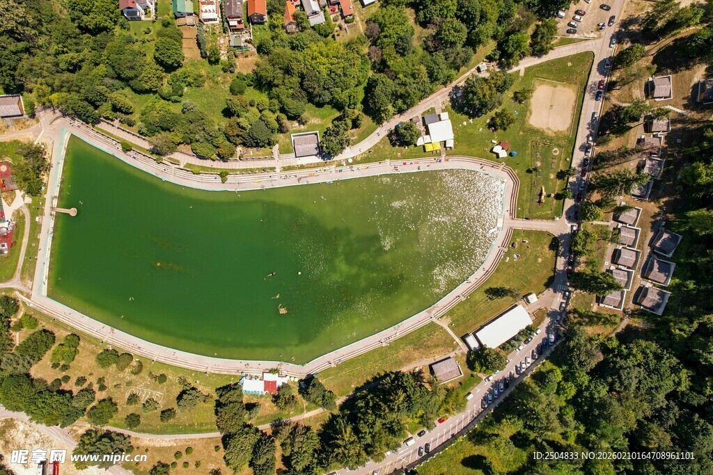 空中俯瞰绿意盎然的泳池
