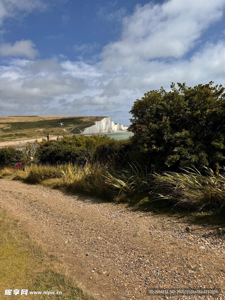 乡村砾石路旁的绿植与远屋