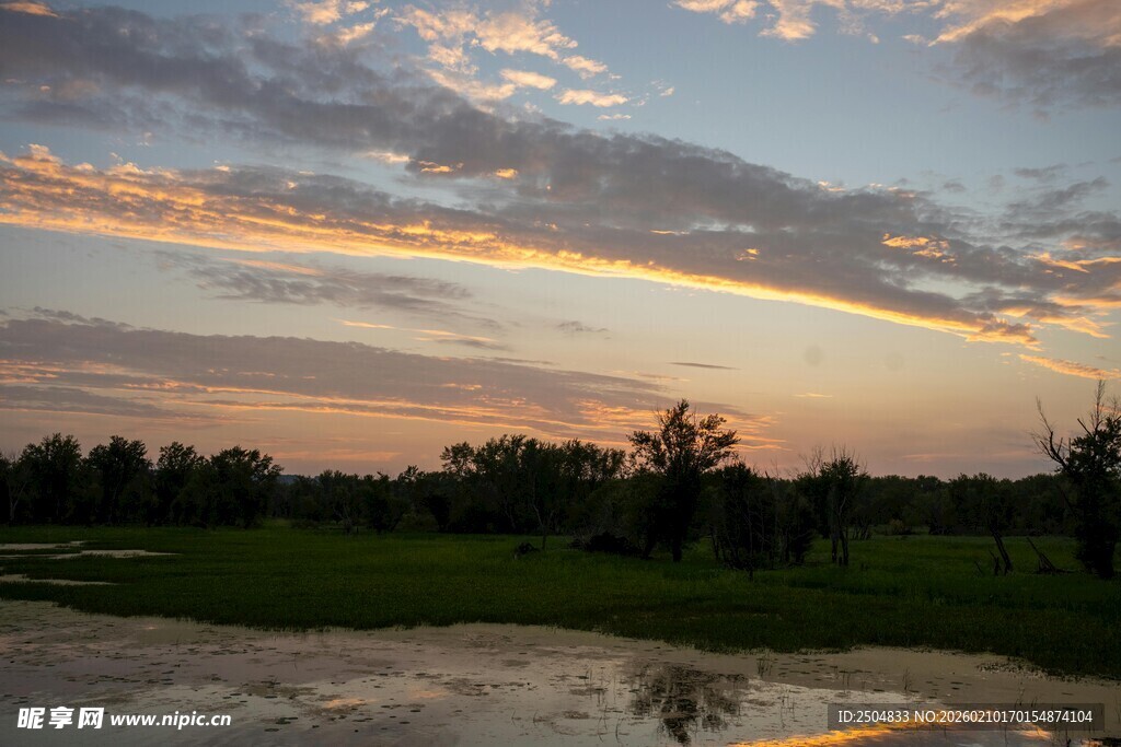 黄昏下的草地与绚丽天空