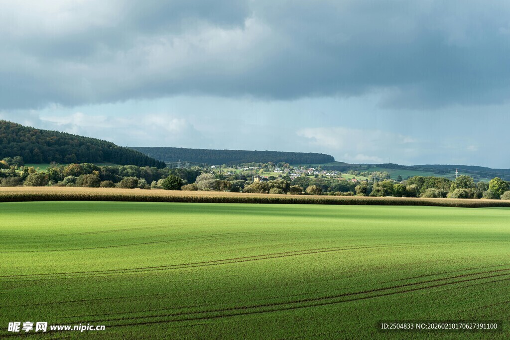 广袤绿野 天际云影相伴