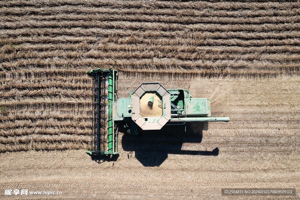农田里作业的绿色拖 机