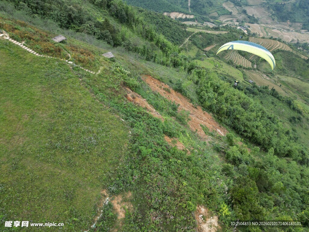 空中俯瞰绿野与滑翔伞