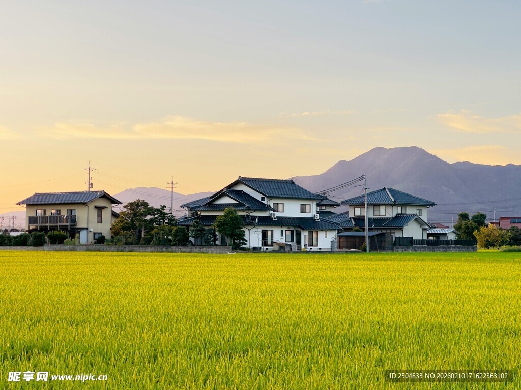田园风光中的房屋与远山