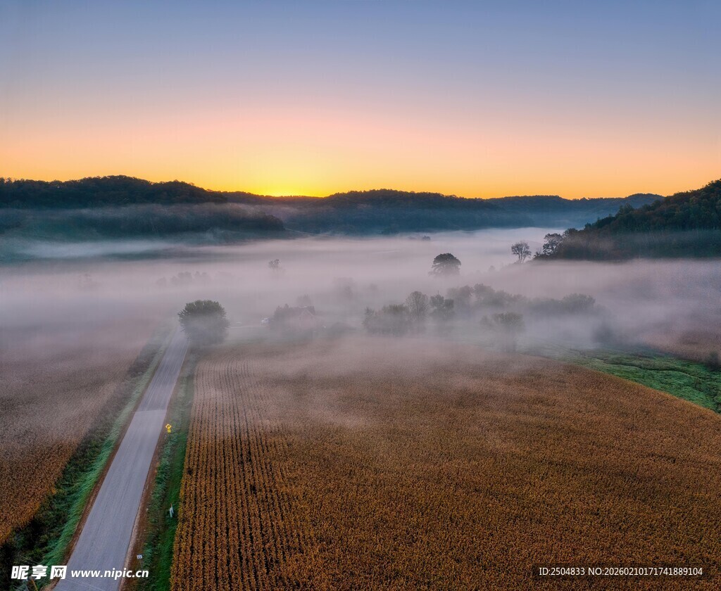 晨雾中的田野与霞光美景