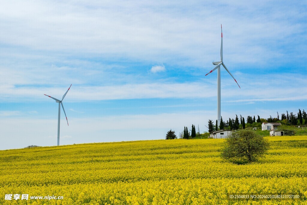 金黄田野上的风力发电机