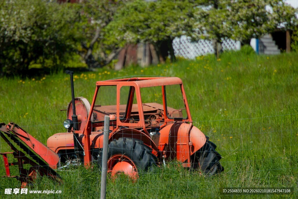 田野中的橙色老式拖 机