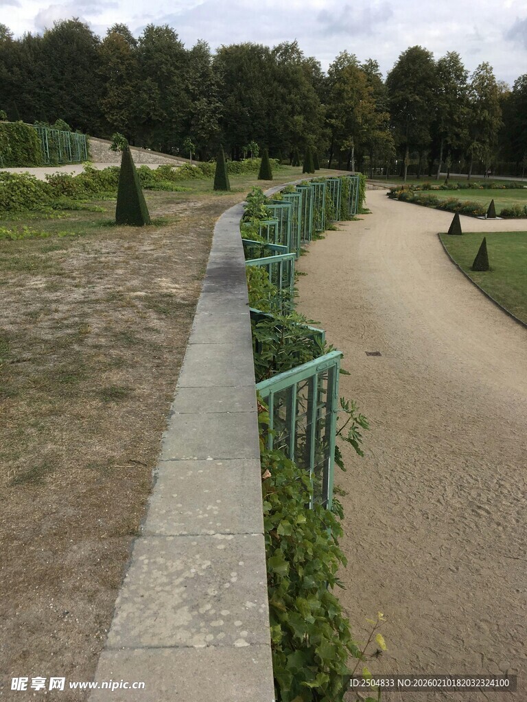 园林小径旁的绿植围栏