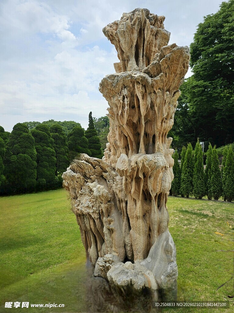 奇特造型木雕屹立草地