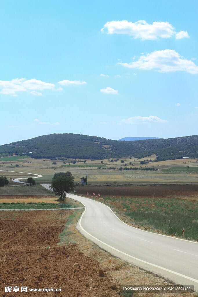 蜿蜒公路穿行于田野山间
