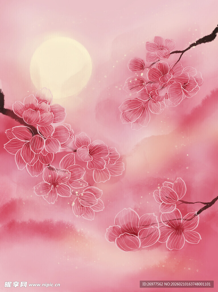 粉色月夜下的烂漫樱花