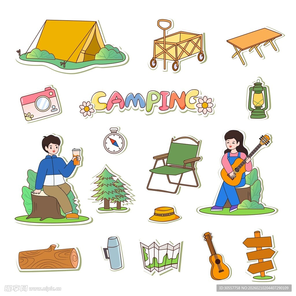 春季春天郊游露营人物贴纸