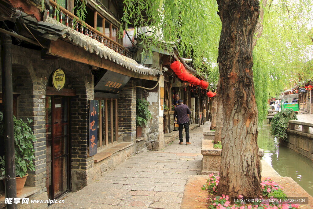 古巷垂柳伴水边古朴建筑