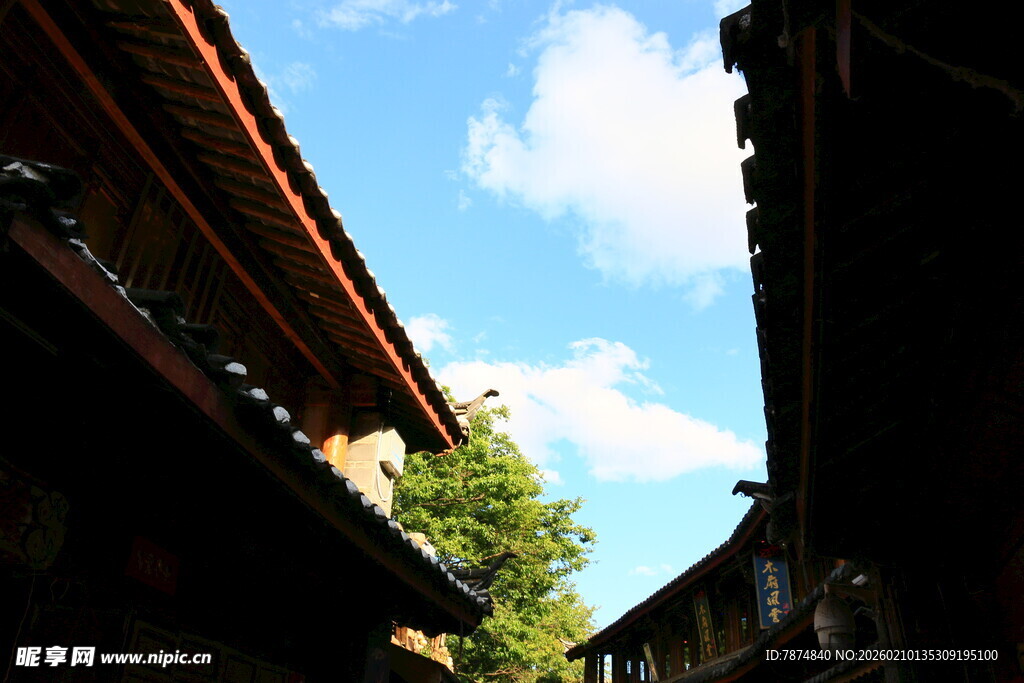 古巷上空的蓝天绿树