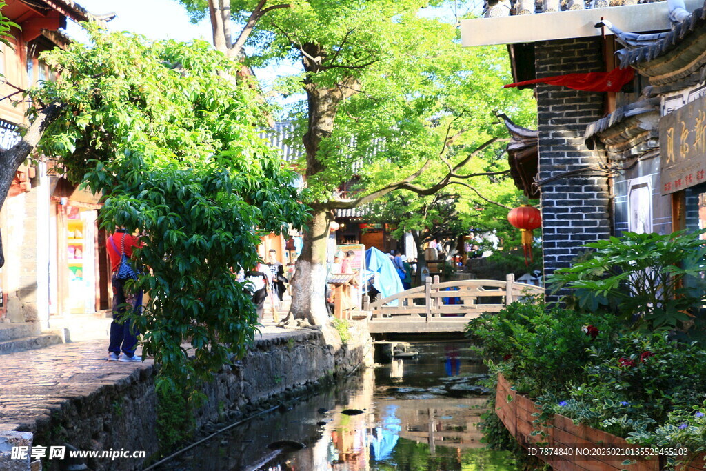 古巷流水边的惬意景致