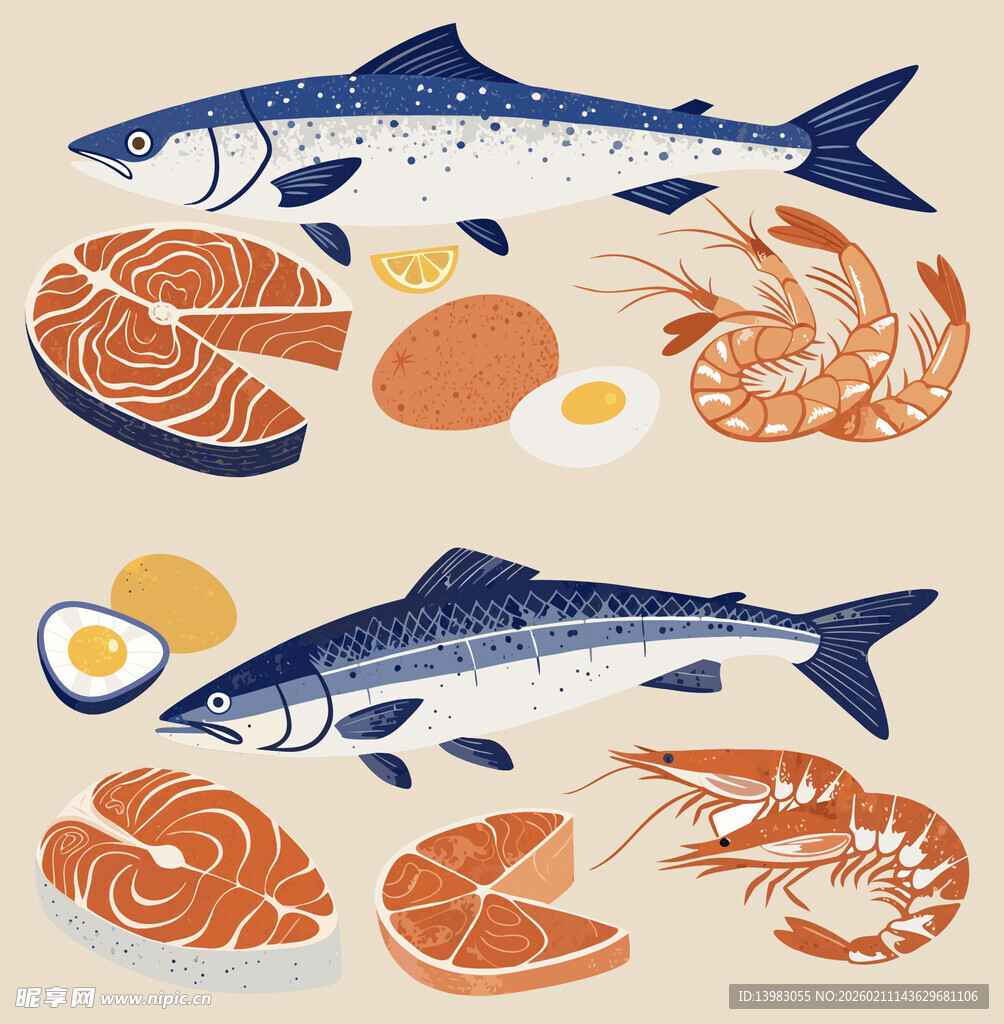 手绘海鲜鱼虾食材