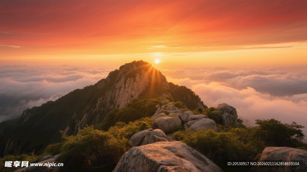 泰山风景区日出时分的壮丽山景