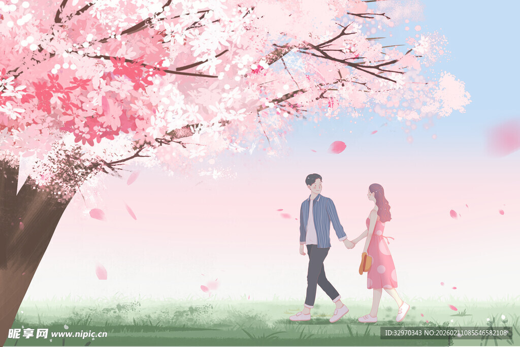 樱花树下的浪漫情侣漫步