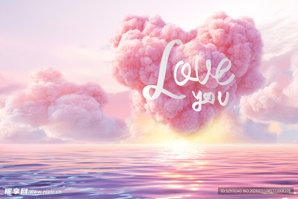 爱心云朵下的浪漫海景